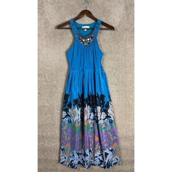 Anthropologie Moulinette Soeurs Dress 0 XS Blue Beaded Silk Floral‎ Maxi Artsy - Picture 2 of 11